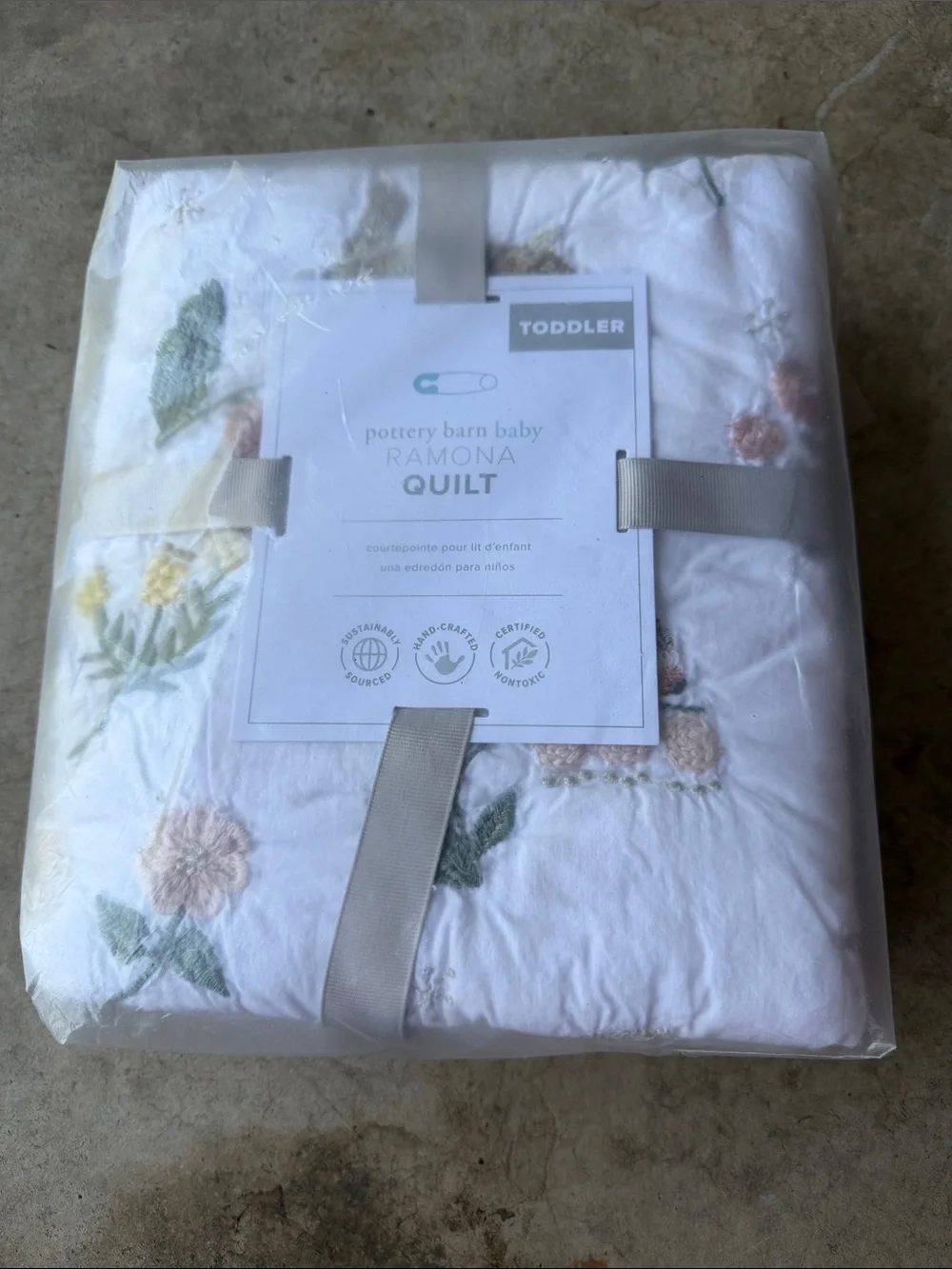 Pottery Barn White Toddler Quilt with Pastel Floral Embroidery
